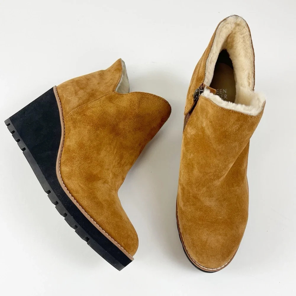 NEW Eileen Fisher Chalet Suede Wedge Ankle Booties Tan Chestnut Womens Size US 9